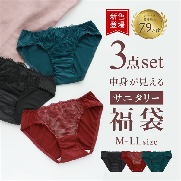 選べる7タイプ サニタリーショーツ福袋 3枚セット 刺繍レース＆ワントーンレース レディース 生理用ショーツ 普通の日用 軽い日用 M L LL