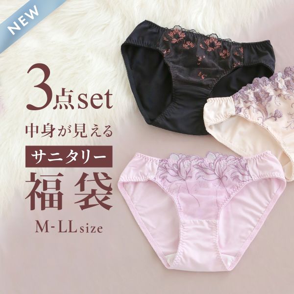 選べる4タイプ サニタリーショーツ福袋 3枚セット 刺繍レース＆ワントーンレース レディース 生理用ショーツ 普通の日用 軽い日用 M L LL