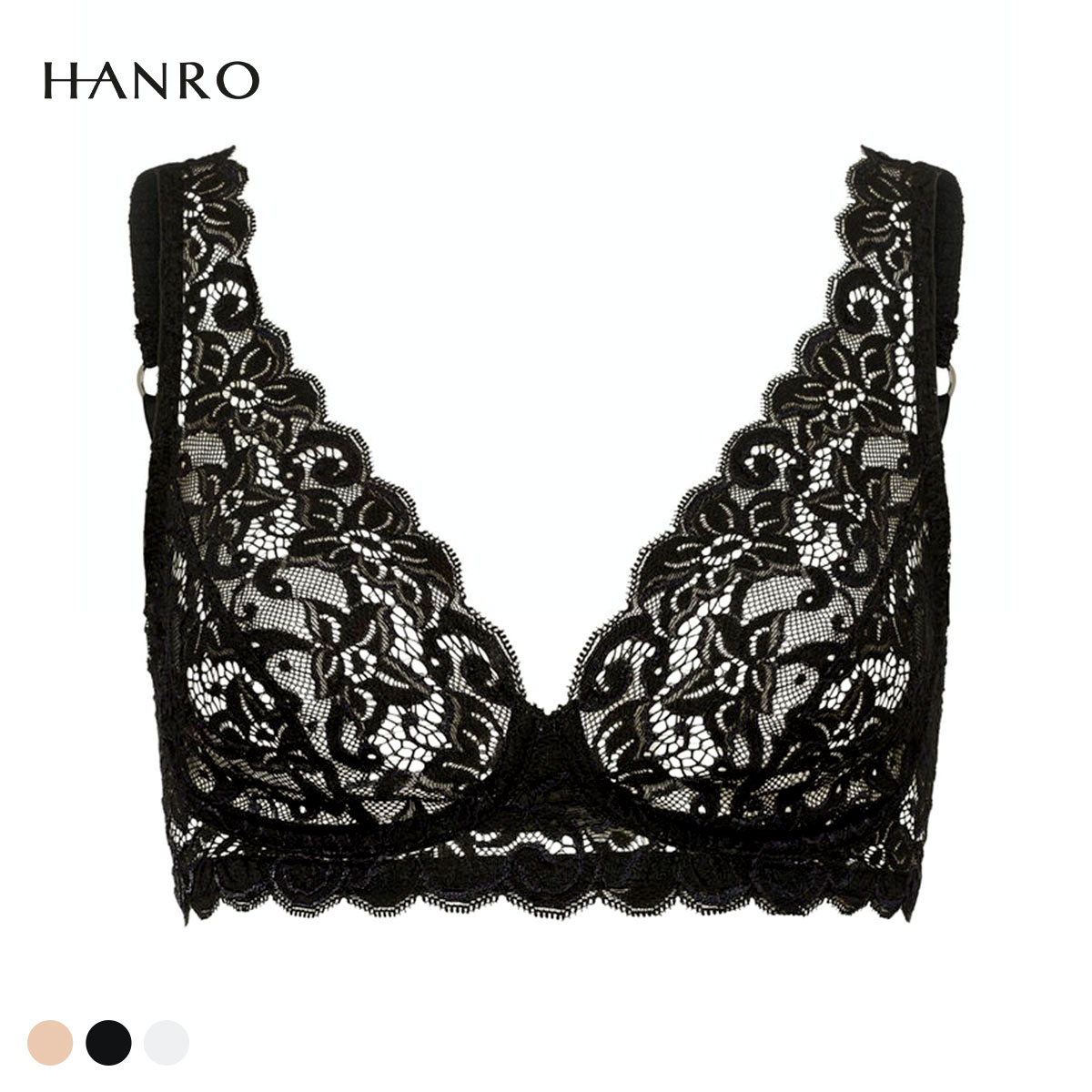ハンロ モーメント 定番 総レース ソフトブラ ノンワイヤーブラ HANRO MOMENTS Vネック ノンパデット(BK-ブラック-B70)