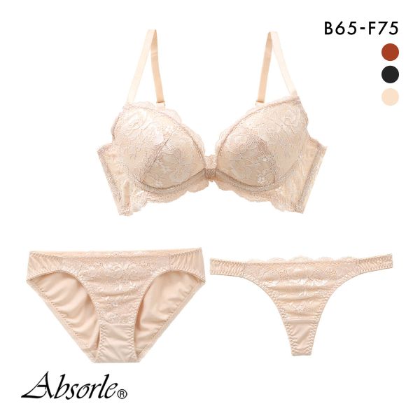 アブソール Absorle 脇高リッチローズレースブラ ブラジャー ショーツ Tバック 3点 セット 大きいサイズ 成型モールド