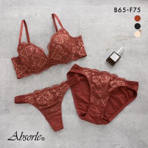 アブソール Absorle 脇高リッチローズレースブラ ブラジャー ショーツ Tバック 3点 セット 大きいサイズ 成型モールド