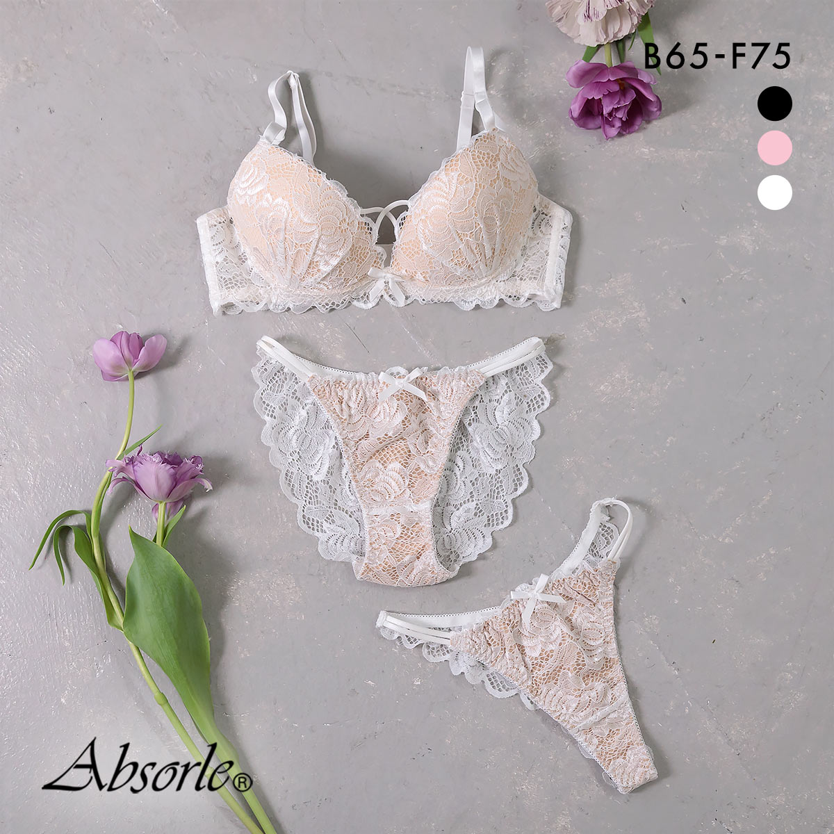 アブソール Absorle シュクレフラワー ブラジャー ショーツ Tバック 3点セット 大きいサイズ 成型モールド 総レース(WH-ホワイト-B65-M)