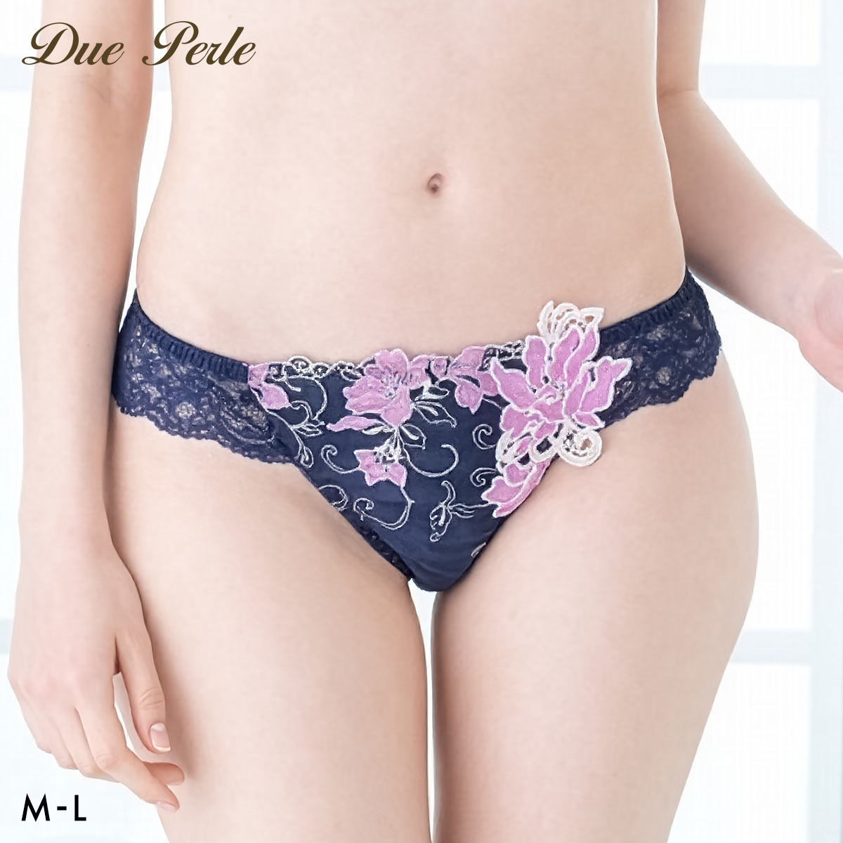 ドゥペルル リリーフロレッタ Tバックショーツ ML タンガ ソング バックレース なめらか フィット ひびきにくい 総レース DuePerle(NV-ネイビー-M)