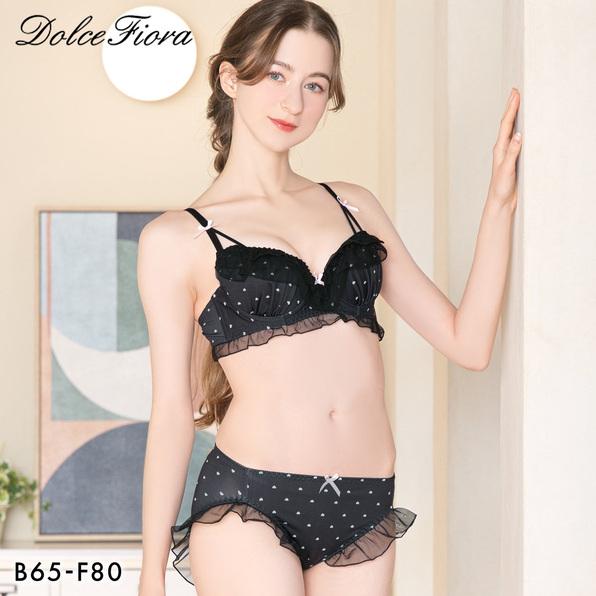 ドルチェフィオラ ハートドット ブラセット BCDEF ソフトワイヤー ブラジャー ショーツ セット Dolce Fiora(BK-ブラック-B65-M)