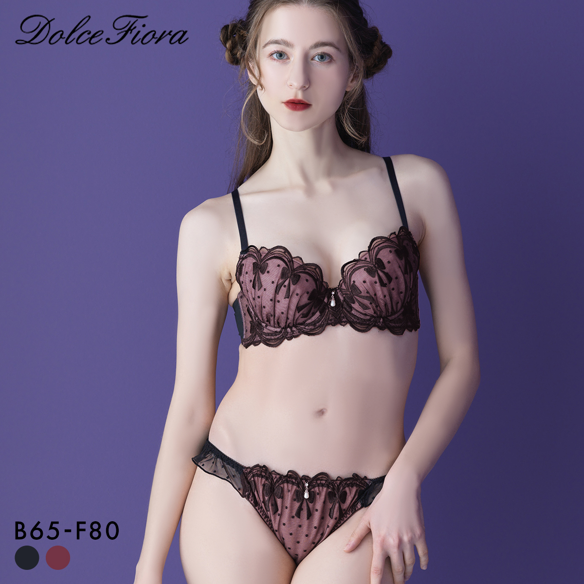 ドルチェフィオラ シアーロリータ ブラセット BCDEF 大きいサイズ ソフトワイヤー ブラジャー ショーツ セット Dolce Fiora(BK-ブラック-B65-M)