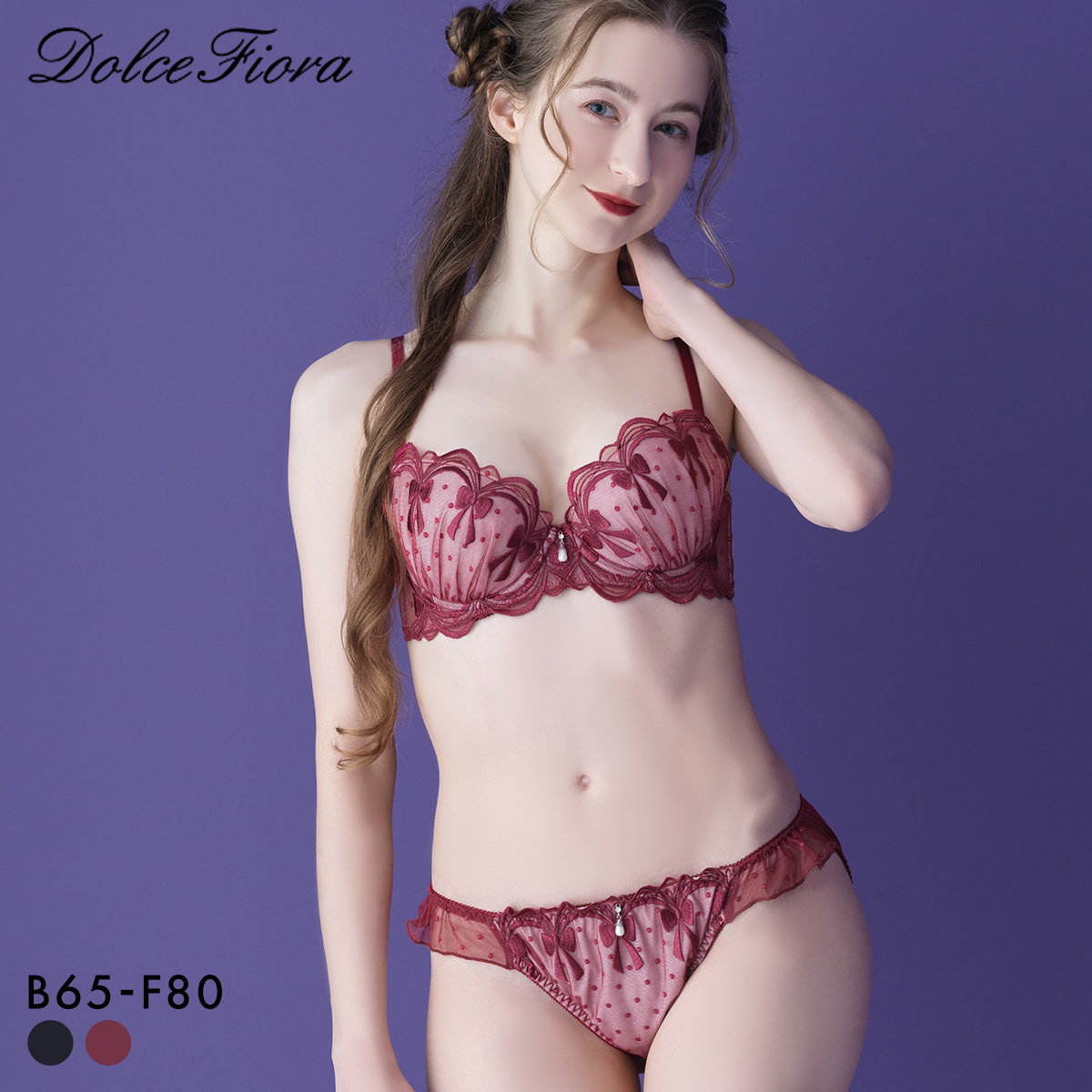 ドルチェフィオラ シアーロリータ ブラセット BCDEF 大きいサイズ ソフトワイヤー ブラジャー ショーツ セット Dolce Fiora(RE-レッド-B65-M)