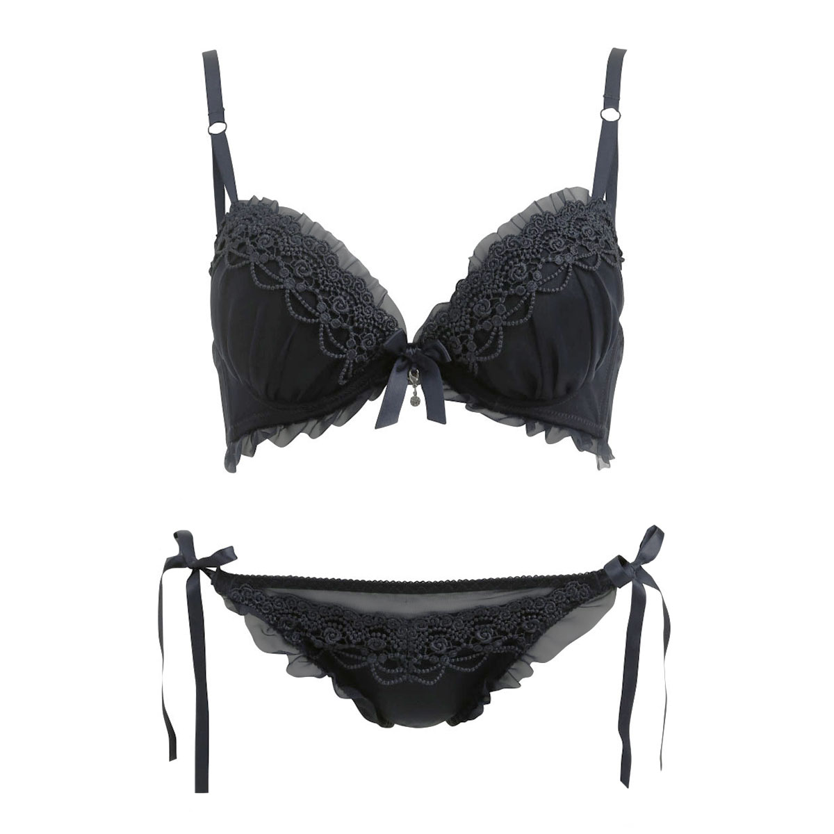 ピーカーブー×白鳩 別注 ケミカルレース ブラジャー ショーツ セット 紐パンツ(BK-ブラック-A65)