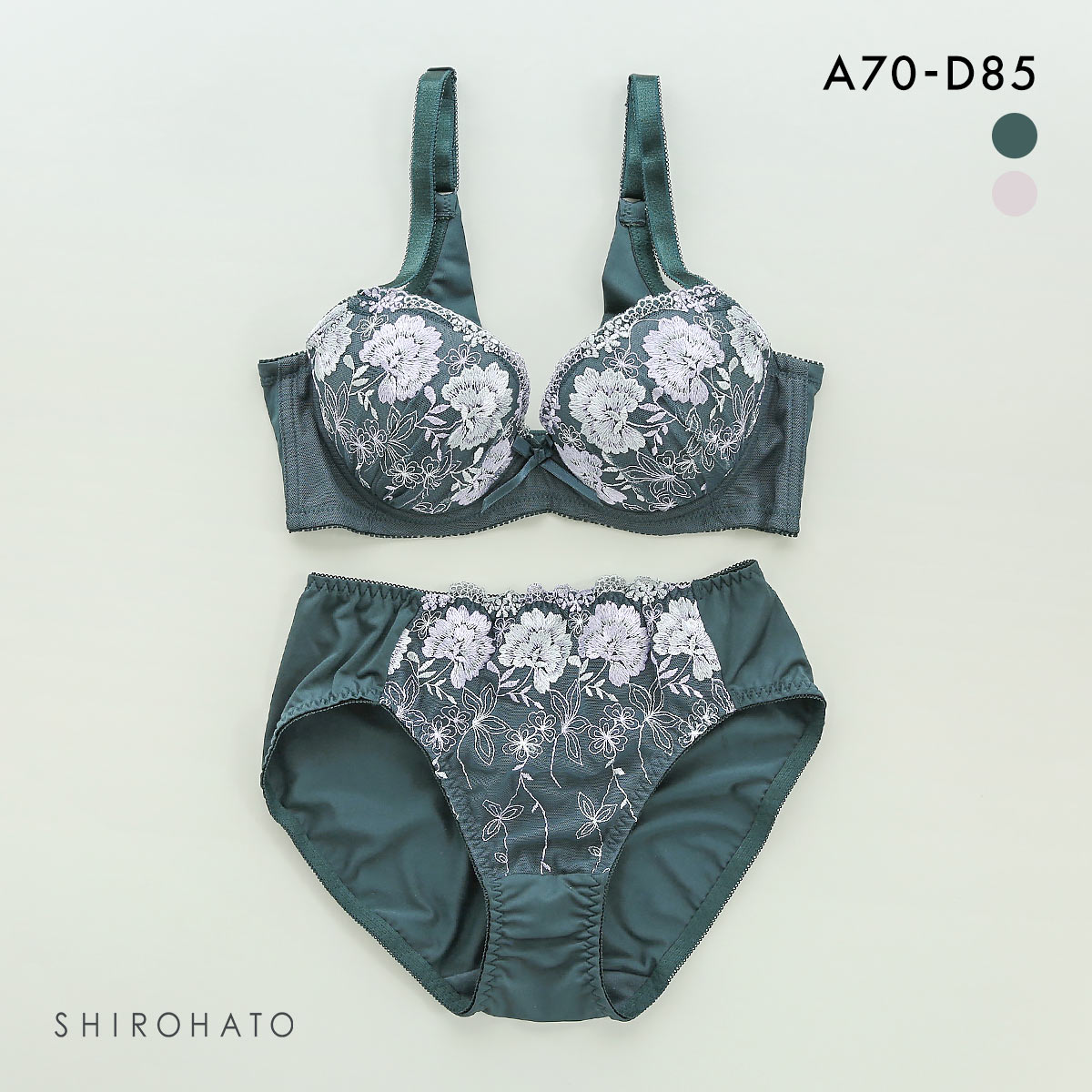 うしろ姿美 うっとり体験 フラワー刺繍 ブラジャー ショーツ セット ABCD70-85 ブラセット 脇高 脇肉 着やせ 背中すっきり(DGR-濃グリーン-A70-M)