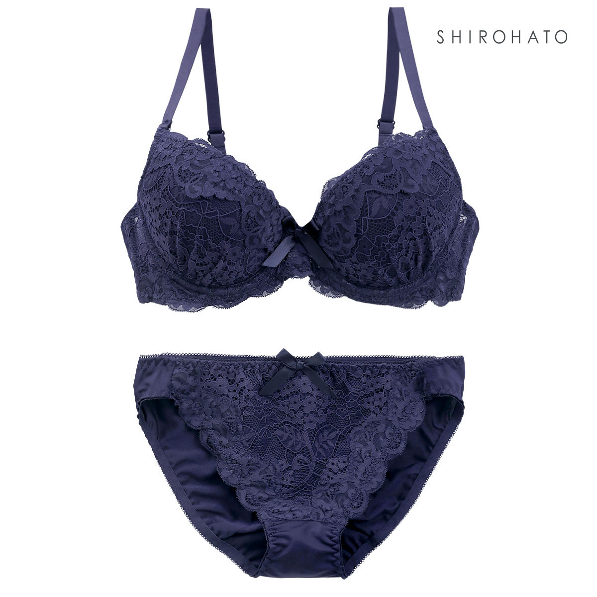 ソニアブラック SONIA black 花柄スカラップレース リボン ブラジャー ショーツ セット DE 大きいサイズ(NV-ネイビー-D65-M)