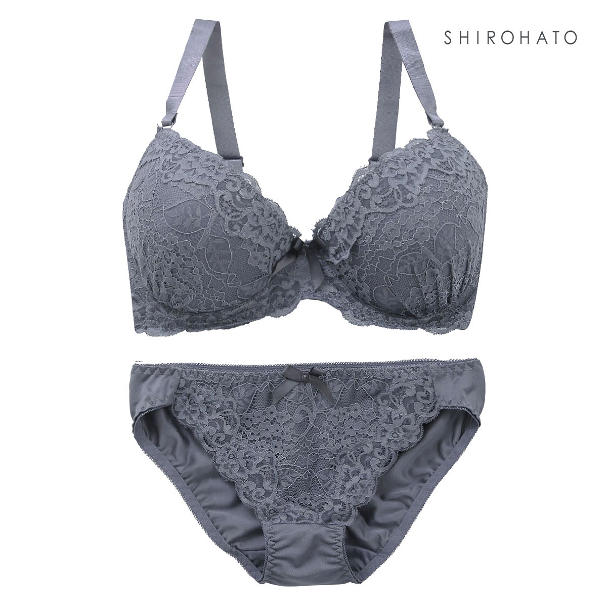 ソニアブラック SONIA black 花柄スカラップレース リボン ブラジャー ショーツ セット FG 大きいサイズ(DGY-濃グレー-F70-M)