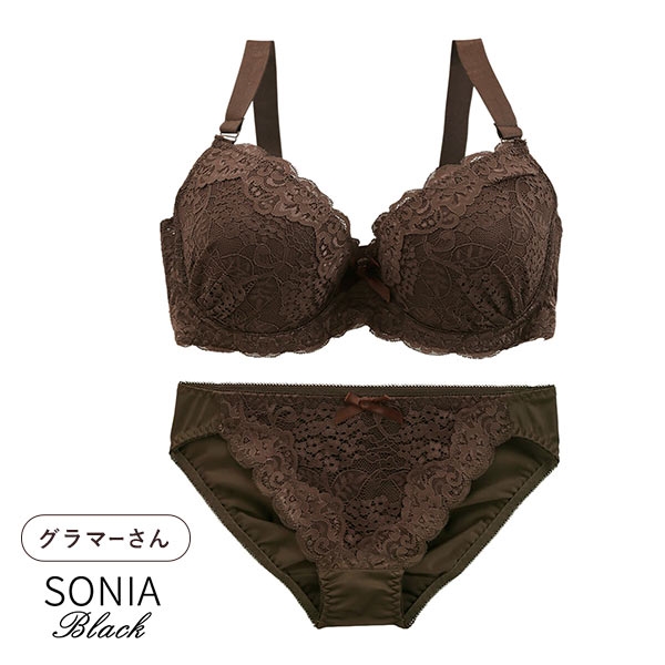 ソニアブラック SONIA black 花柄スカラップレース リボン ブラジャー ショーツ セット FG 大きいサイズ(BR-ブラウン-F70-M)
