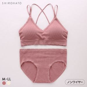 ポフ 丸編み成型 Wストラップ ノンワイヤーブラセット M L LL ふわもち ハーフトップ Pofu ひびきにくい なめらか 大きいサイズ
