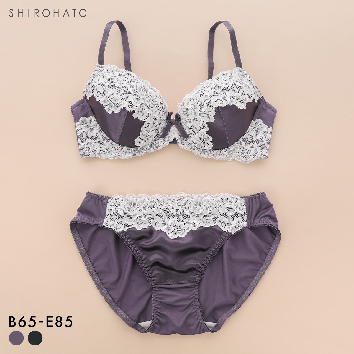 ソニアブラック シルキーサテン ブラセット BCDE アンダー大きいサイズ グラマー SONIA BLACK ブラジャー ショーツ セット(PU-パープル-B65-M)