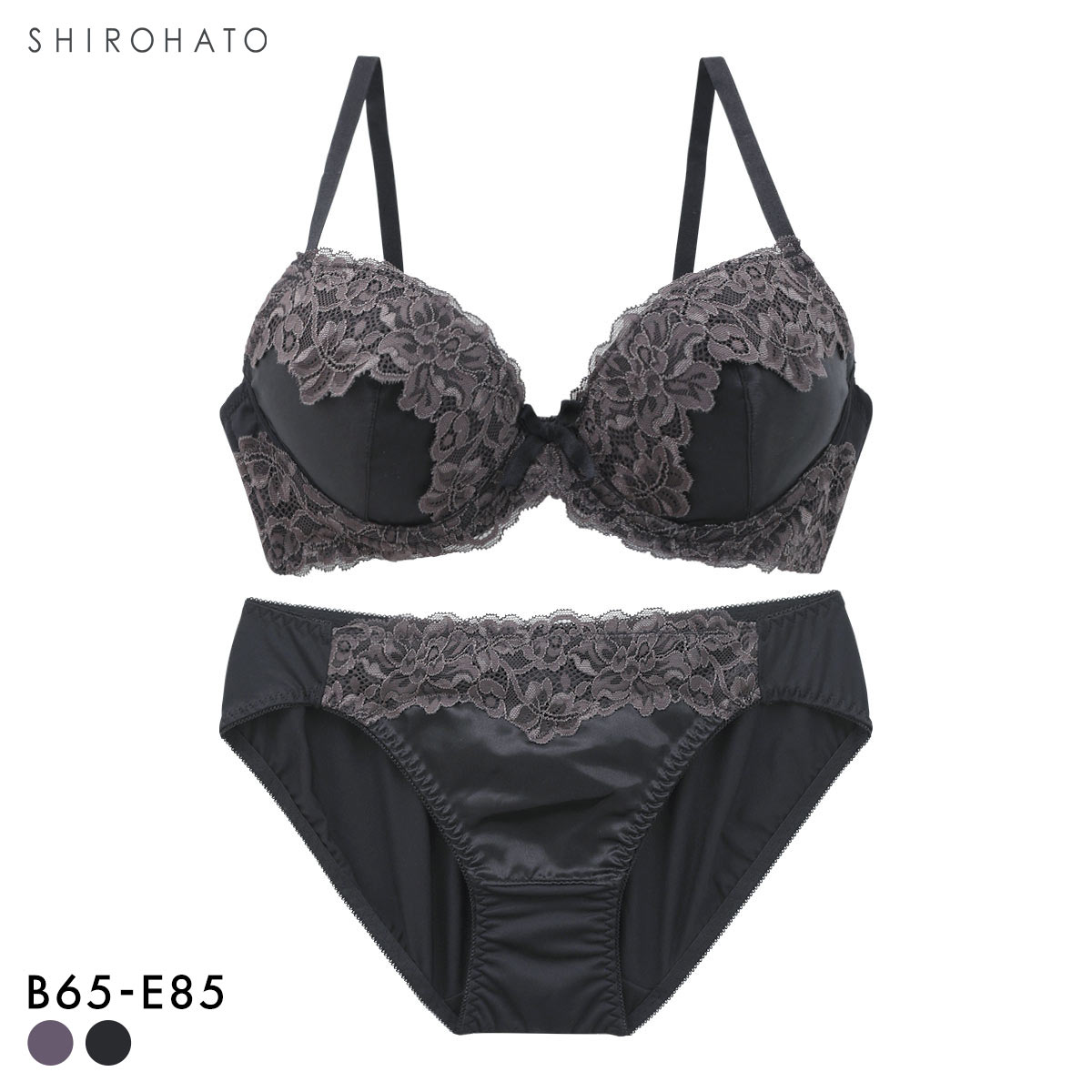 ソニアブラック シルキーサテン ブラセット BCDE アンダー大きいサイズ グラマー SONIA BLACK ブラジャー ショーツ セット(BK-ブラック-B65-M)