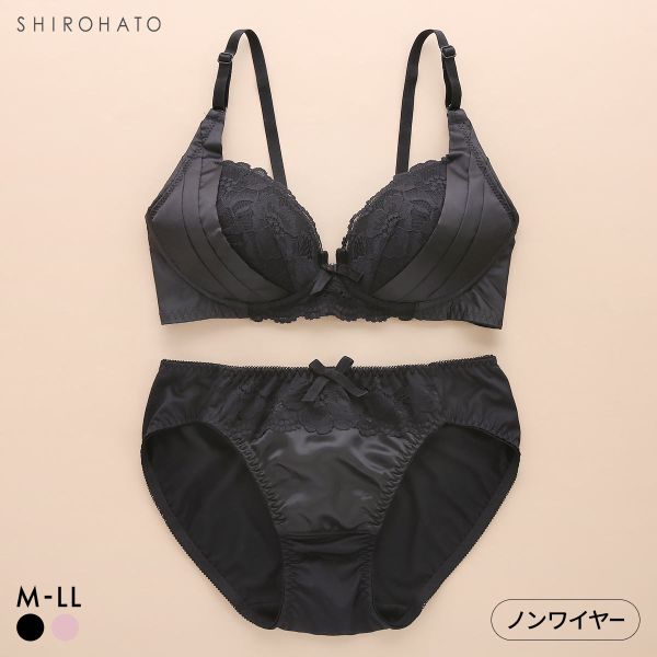 ソニアブラック サイドリフトサテン ノンワイヤーブラセット M L LL パッド入り 軽い 快適 ブラジャー ショーツ 大きいサイズ