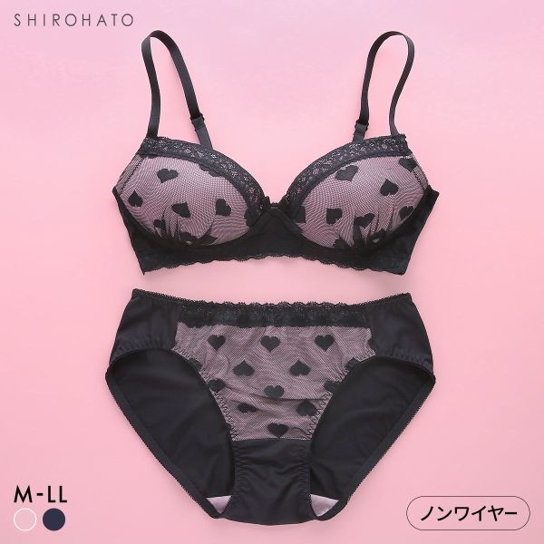 ソニアブラック ハートチュール ノンワイヤーブラセット M L LL パッド入り 脇スッキリ 脇高 快適 大きいサイズ