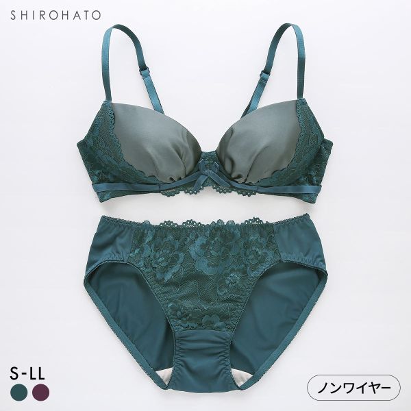 ソニアブラック レーシーサテン ノンワイヤーブラセット S M L LL パッド入り 脇スッキリ 脇高 ブラジャー ショーツ 大きいサイズ