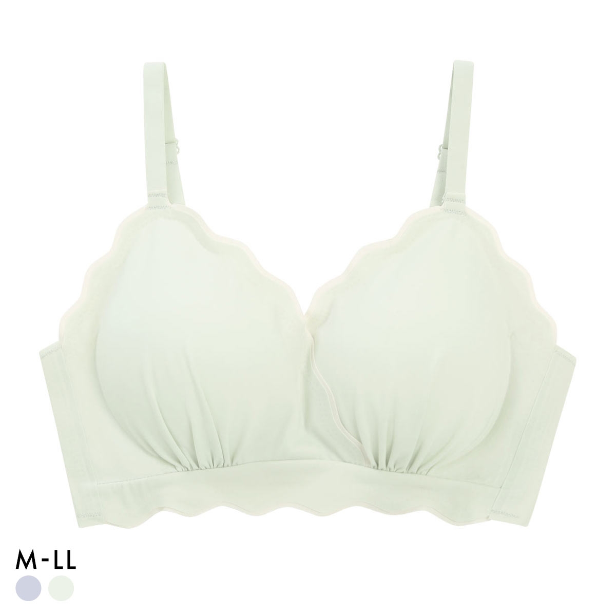 ポフ 配色スカラップブラ M L LL ふわもち ノンワイヤーブラ ブラジャー ハーフトップ Pofu ひびきにくい なめらか シームレス(GR-グリーン-M)