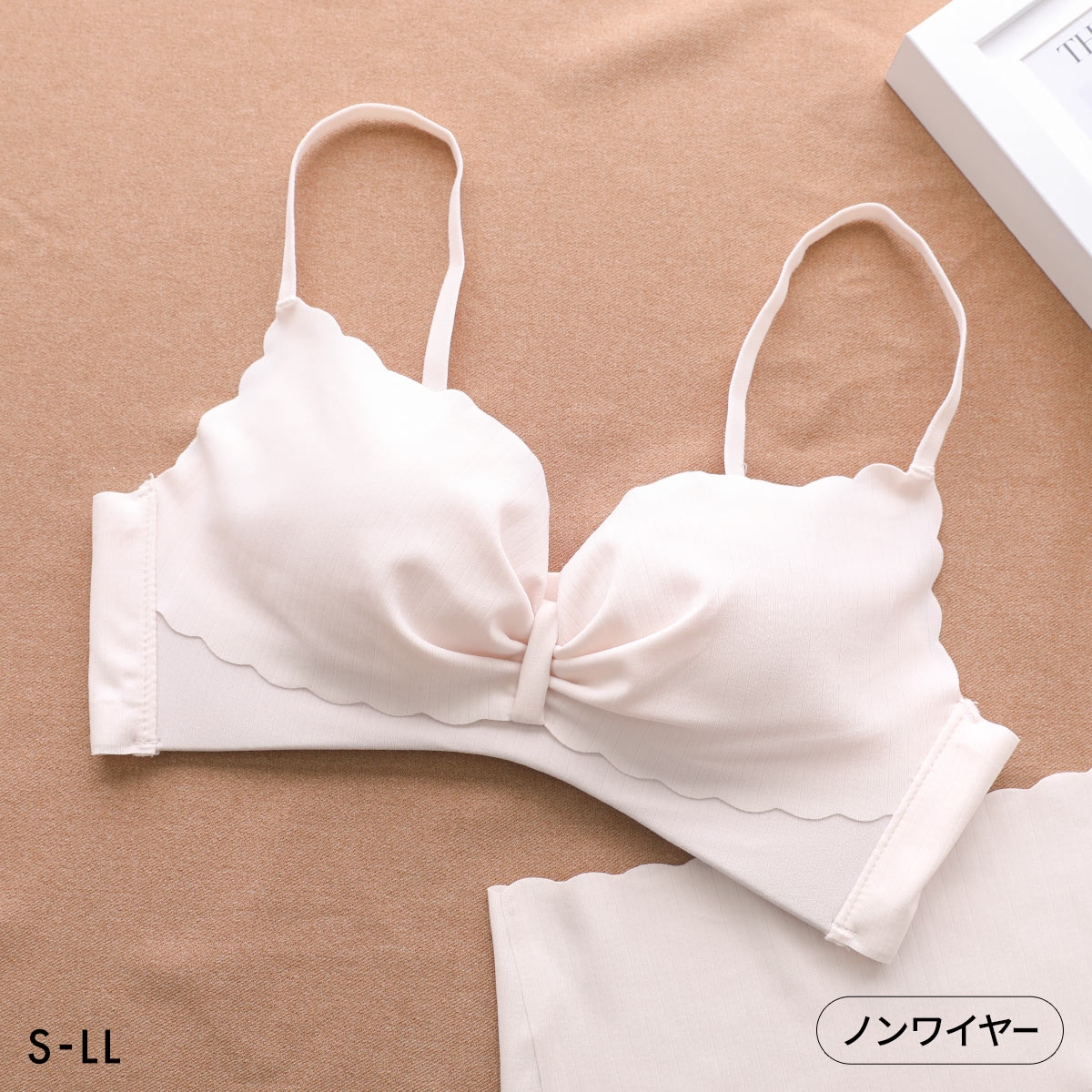 ポフ 配色スカラップブラ M L LL ふわもち ノンワイヤーブラ ブラジャー ハーフトップ 大きいサイズ シームレス POFU(LPI-薄ピンク-S)
