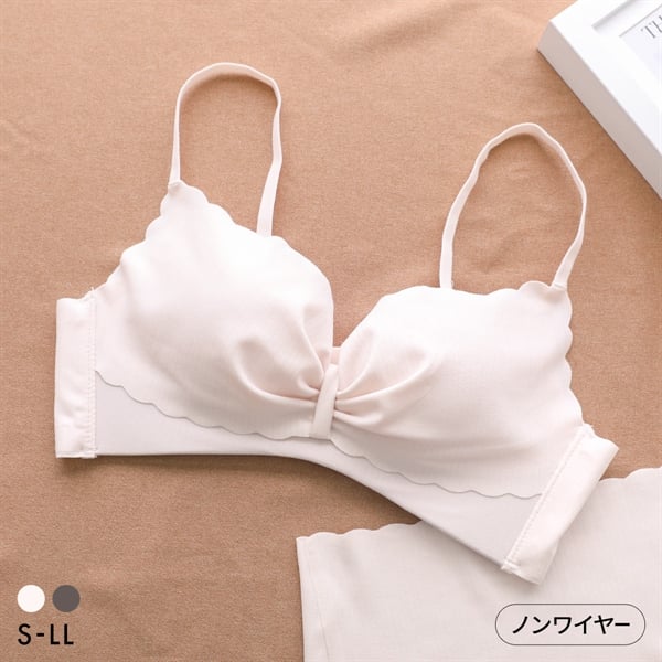 ポフ 配色スカラップブラ M L LL ふわもち ノンワイヤーブラ ブラジャー ハーフトップ 大きいサイズ シームレス POFU