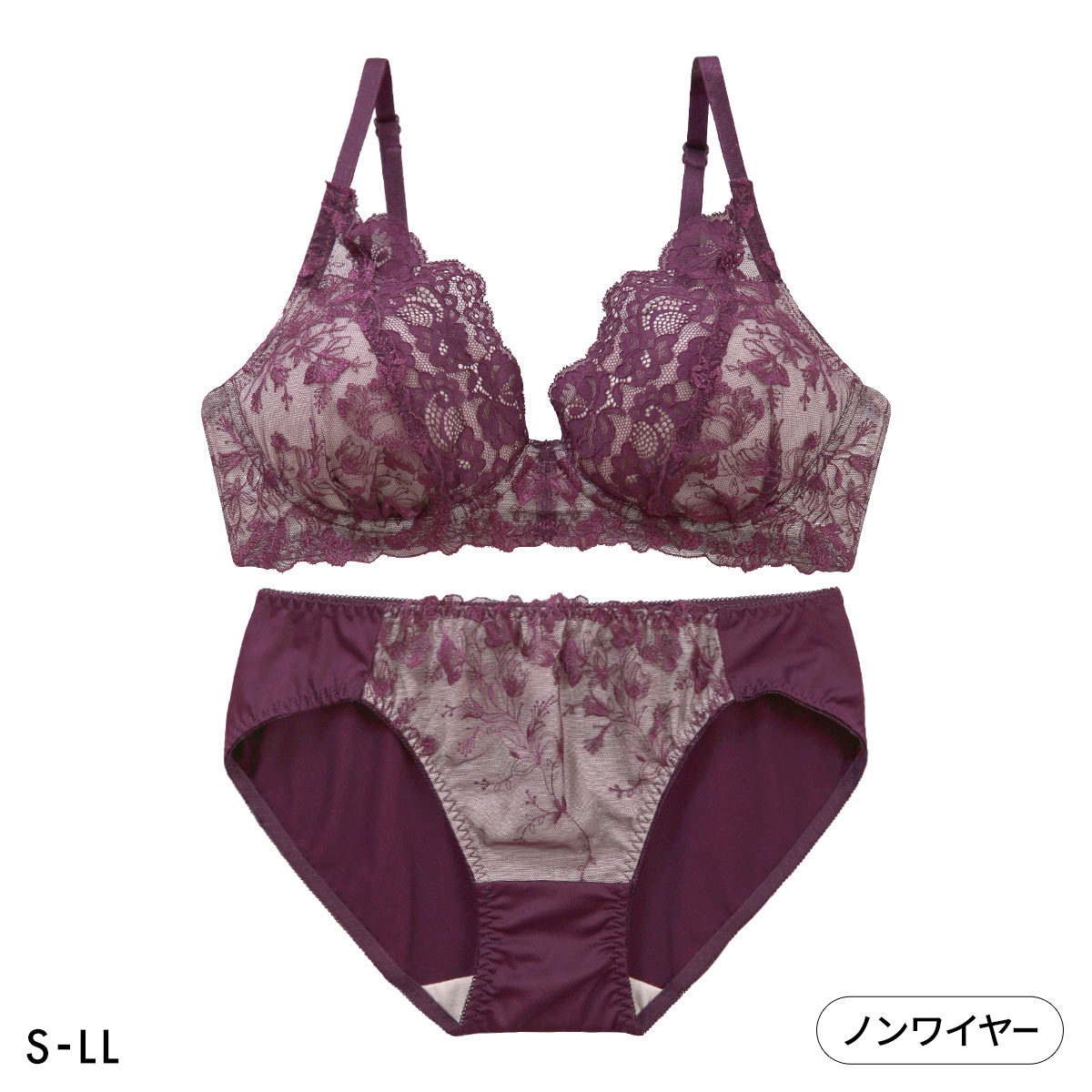 ソニアブラック メイジー ノンワイヤーブラセット S M L LL パッド入り ブラジャー ショーツ 大きいサイズ(DPU-濃パープル-S／S)