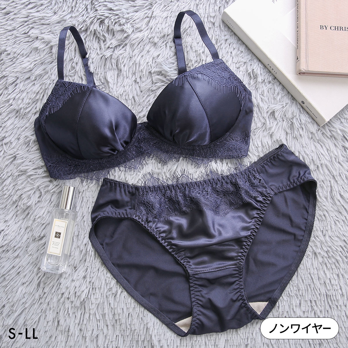 ソニアブラック クレオ ノンワイヤーブラセット S M L LL パッド入り ブラジャー ショーツ 大きいサイズ(NV-ネイビー-S／S)