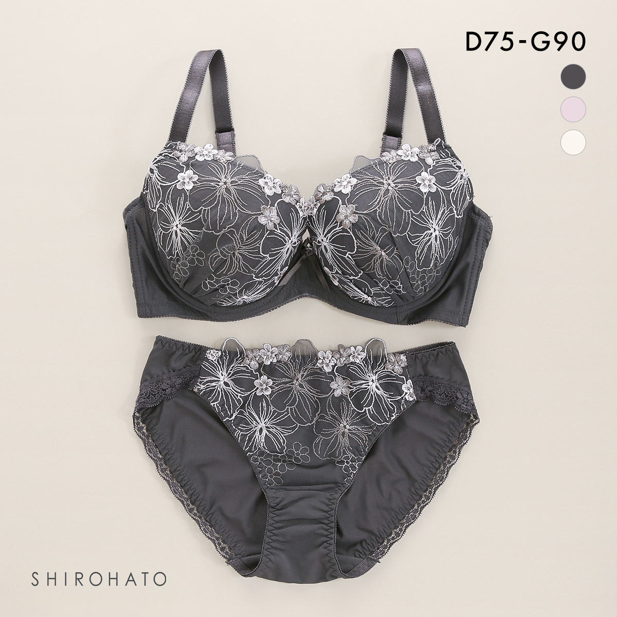 グラマーサイズブラ フラワー刺繍 ブラジャー ショーツ セット 脇高 脇肉 大きいサイズ DEFG(CGY-チャコールグレー-D75-M)