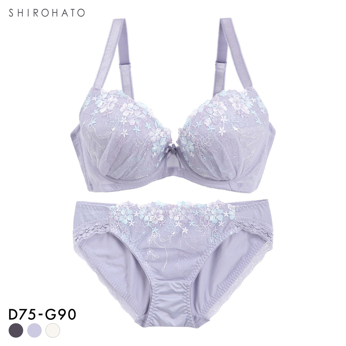 グラマーサイズブラセット プチフラワー刺繍 DEFG75-90 アンダー大きいサイズ リフトアップ パッドあり(BGY-ブルーグレー-D75-M)