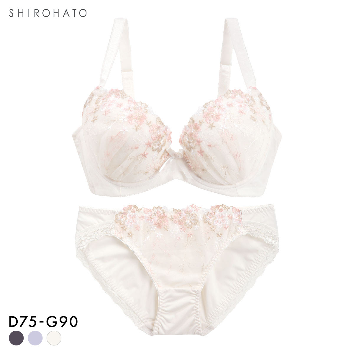 グラマーサイズブラセット プチフラワー刺繍 DEFG75-90 アンダー大きいサイズ リフトアップ パッドあり(CR-クリーム-D75-M)