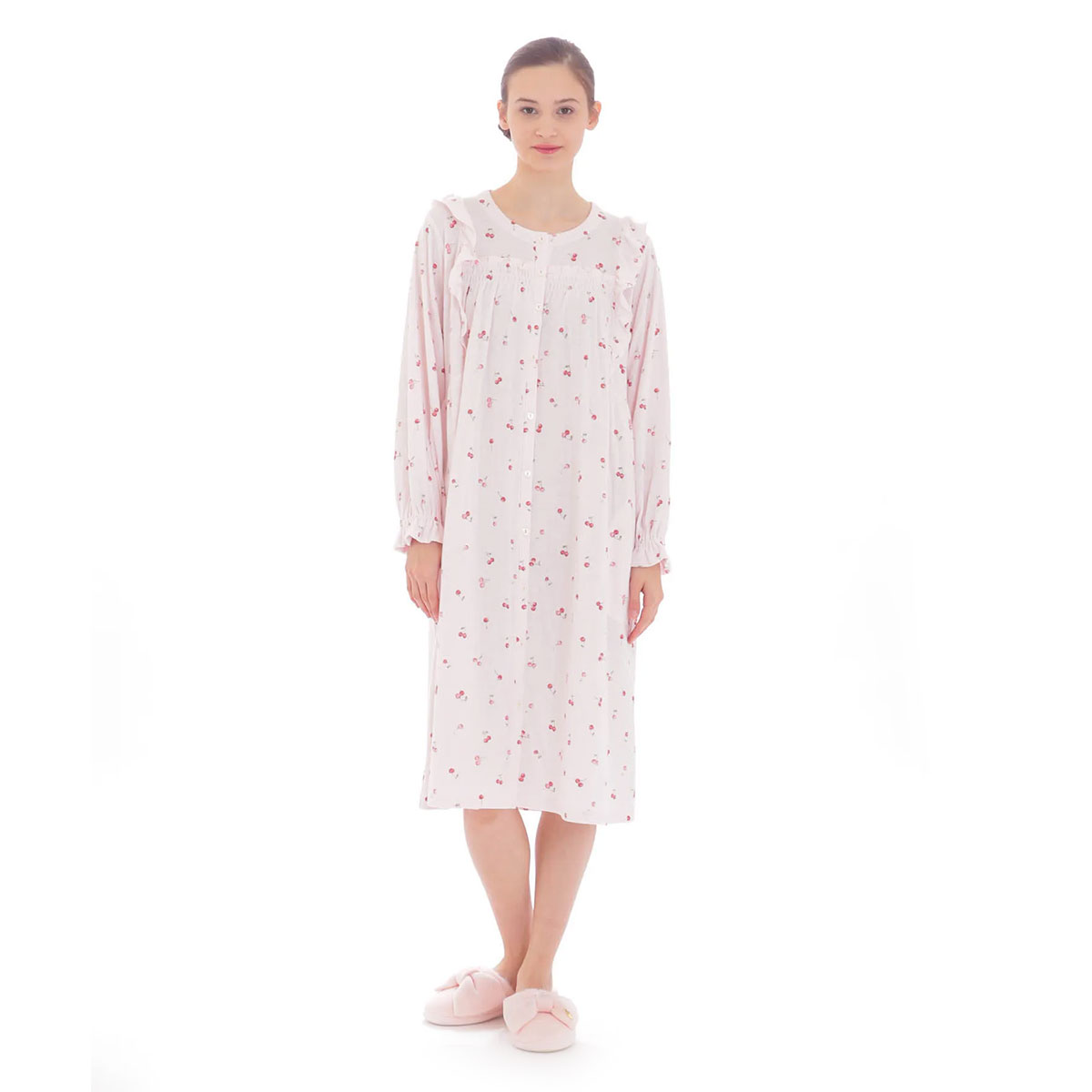 ナルエー NARUE パジャマ ミルキー接結チェリーワンピース ルームウェア 長袖 レディース(PI-ピンク-M-L)