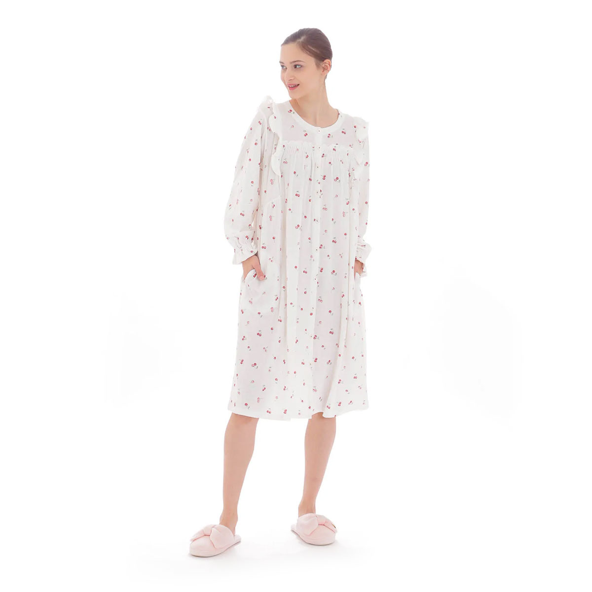 ナルエー NARUE パジャマ ミルキー接結チェリーワンピース ルームウェア 長袖 レディース(WH-ホワイト-M-L)