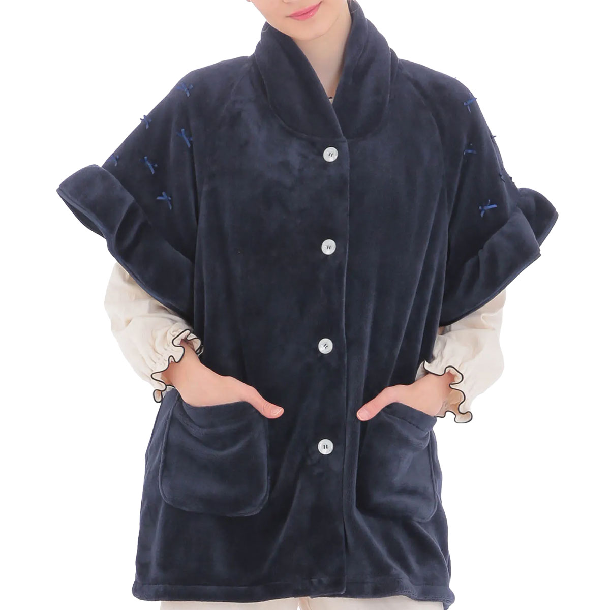 ナルエー NARUE パジャマ ソフティスノーリボンリボンガウン ルームウェア 半袖(NV-ネイビー-M-L)