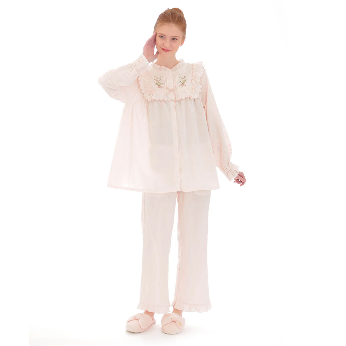 ナルエー NARUE パジャマ ダブルガーゼフラワーブーケ刺繍フリル