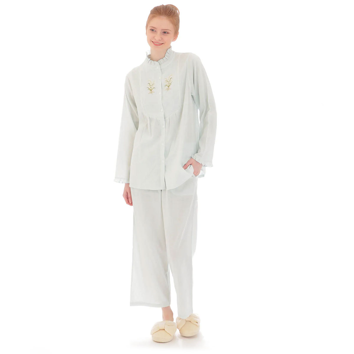 ナルエー NARUE パジャマ ダブルガーゼフラワーブーケ刺繍パジャマ ルームウェア セットアップ 上下セット 長袖 レディース(BU-ブルー-M-L)