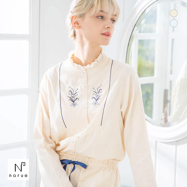 ナルエー NARUE パジャマ ダブルガーゼフラワーブーケ刺繍パジャマ ルームウェア セットアップ 上下セット 長袖 レディース