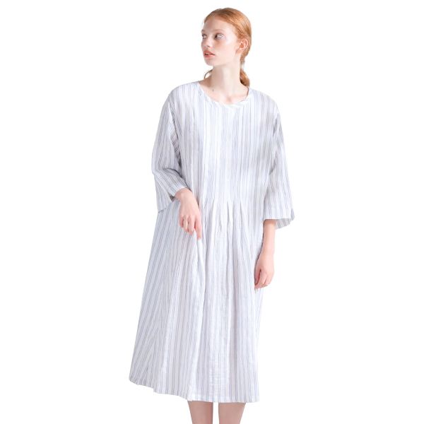 ナルエー NARUE パジャマ シャーリングダブルガーゼストライプワンピース ワンピース ルームウェア ドレス 7分袖 長袖