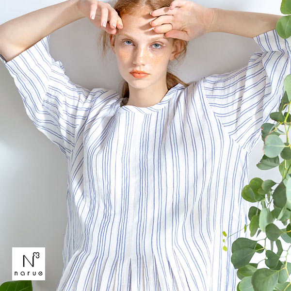 ナルエー NARUE パジャマ シャーリングダブルガーゼストライプワンピース ワンピース ルームウェア ドレス 7分袖 長袖