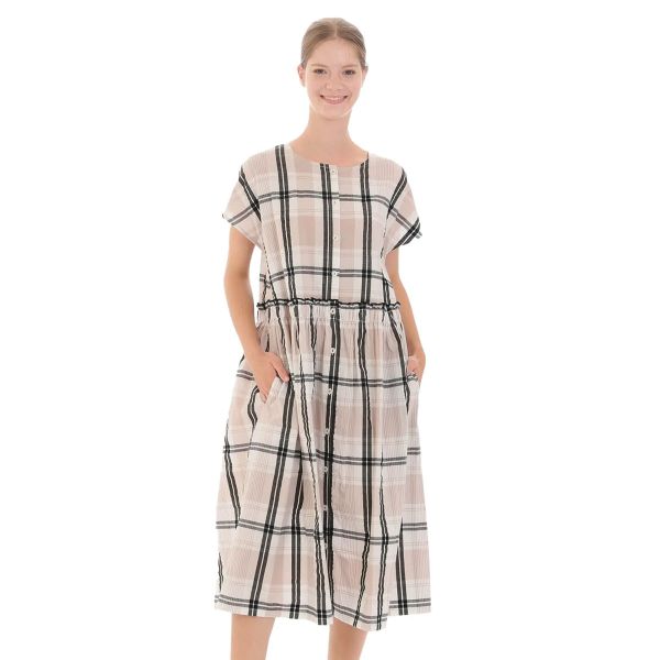 ナルエー NARUE パジャマ 変わり織りサッカーチェックワンピース ルームウェア ドレス 半袖 綿100％