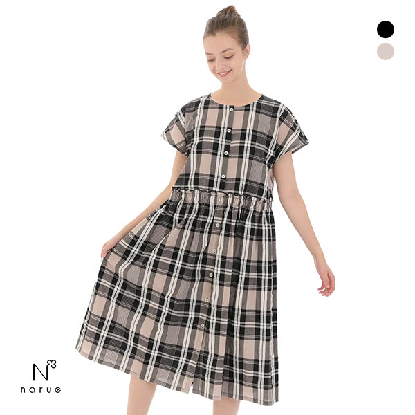 ナルエー NARUE パジャマ 変わり織りサッカーチェックワンピース ルームウェア ドレス 半袖 綿100％