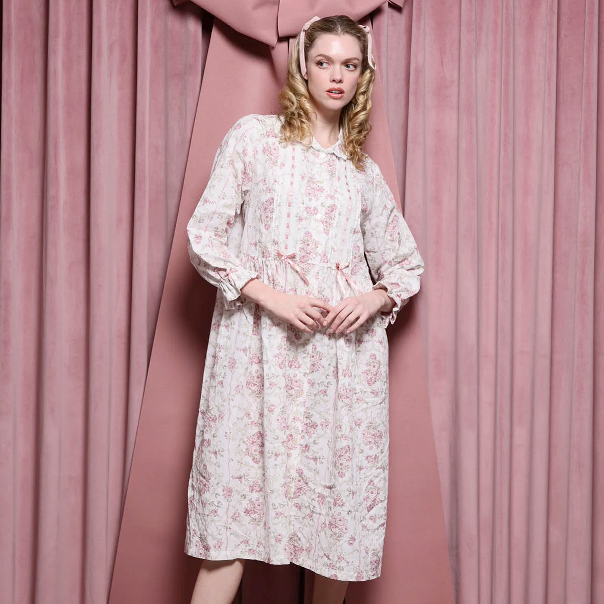 ナルエー NARUE パジャマ 50/ダブルガーゼロココワンピース ルームウェア ワンピース ドレス 綿100％ ロング ネグリジェ(PI-ピンク-M-L)