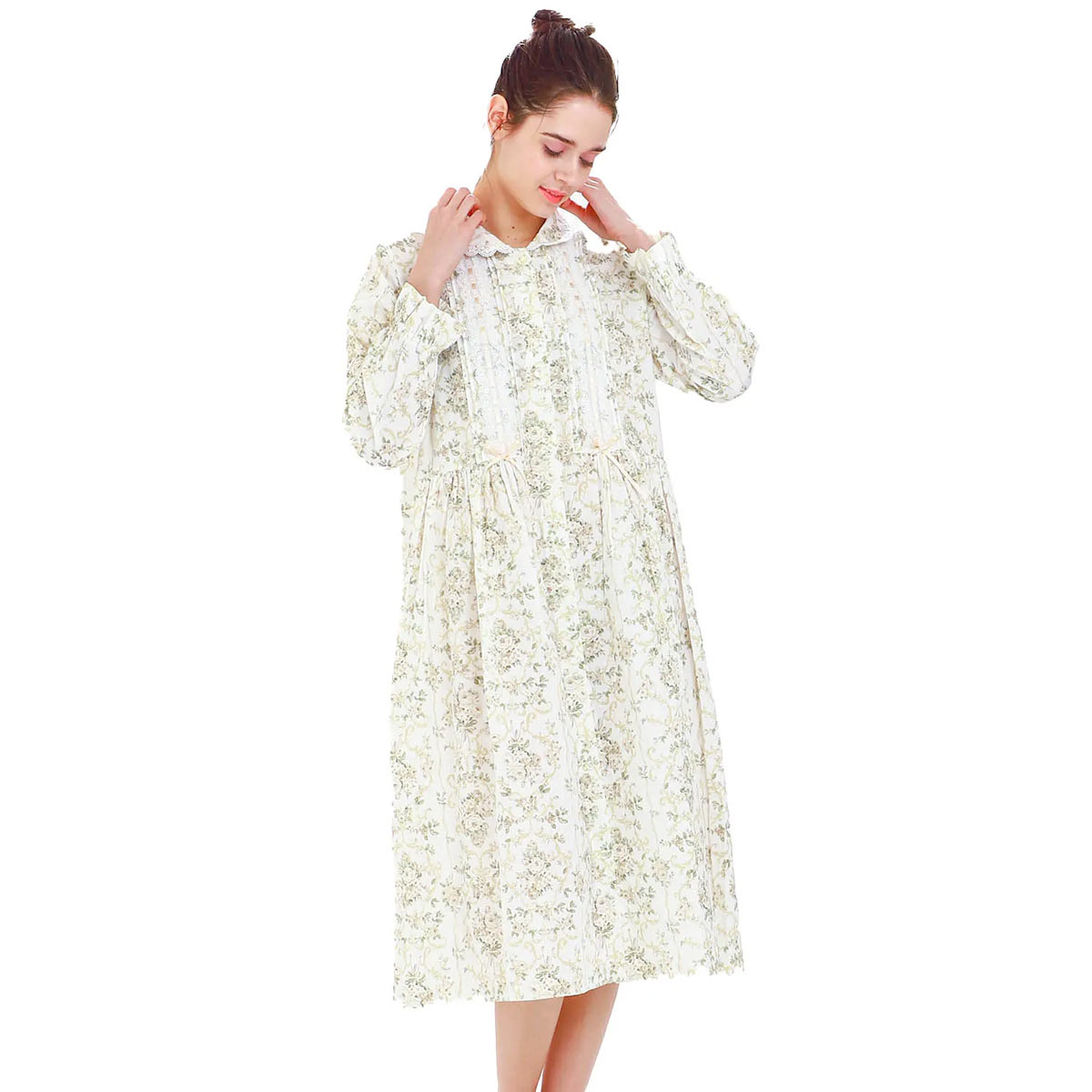 ナルエー NARUE パジャマ 50/ダブルガーゼロココワンピース ルームウェア ワンピース ドレス 綿100％ ロング ネグリジェ(WH-ホワイト-M-L)