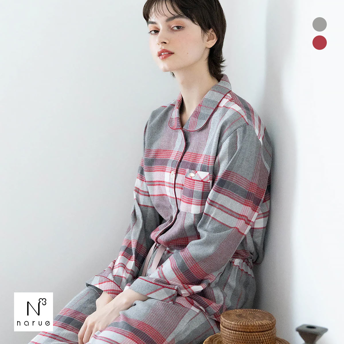 ナルエー パジャマ コットンフランネルチェックシャツパジャマ ルームウェア 上下セット 長袖 ロングパンツ NARUE(GY-グレー-M-L)