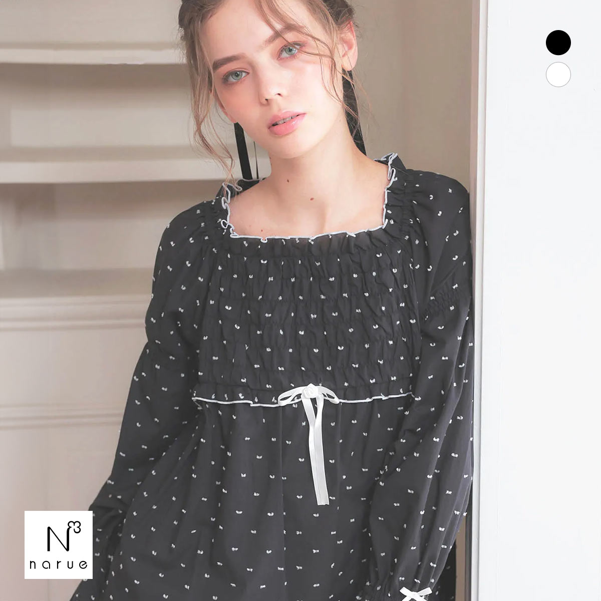 ナルエー パジャマ コットンカットドビーナイトドレス ルームウェア レディース 7分袖 NARUE(BK-ブラック-M-L)