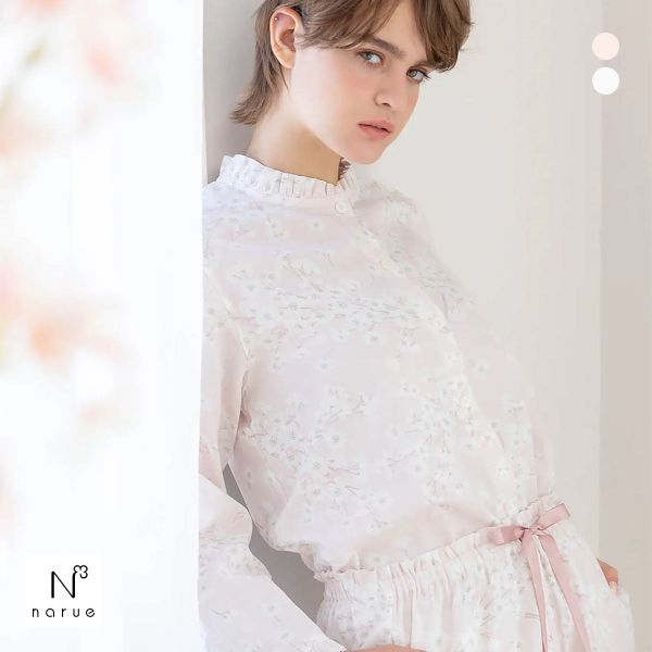 ナルエー パジャマ 50/ダブルガーゼチェリーブロッサムフリルパジャマ ルームウェア セットアップ 上下セット 長袖 9分丈 NARUE