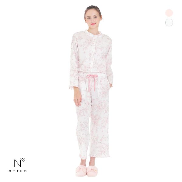 ナルエー パジャマ 50/ダブルガーゼチェリーブロッサムフリルパジャマ ルームウェア セットアップ 上下セット 長袖 9分丈 NARUE