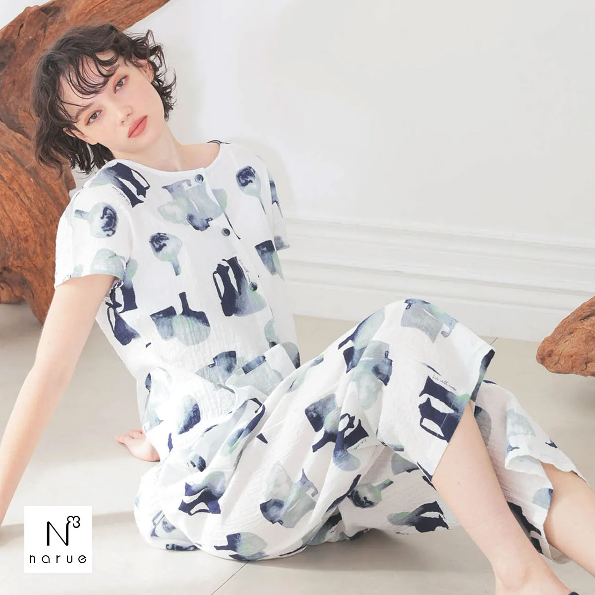 ナルエー パジャマ シャーリングボイルウォータージャグパジャマ セットアップ 上下セット ルームウェア 8分丈 Narue(NV-ネイビー-M-L)