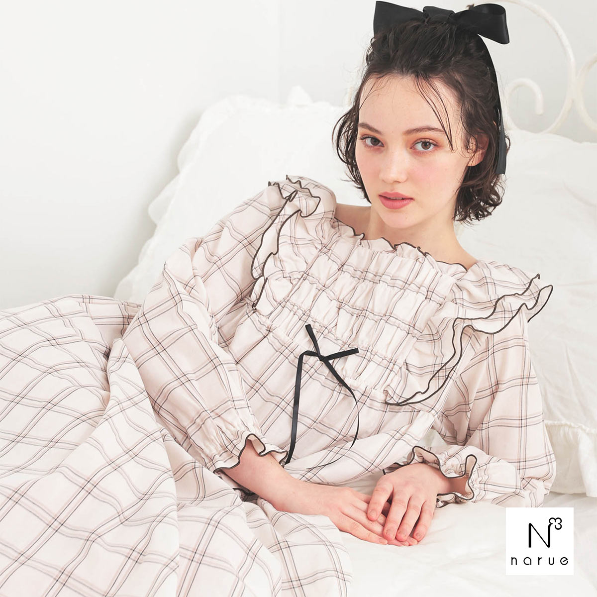 ナルエー NARUE パジャマ 50/ダブルガーゼガーリーチェックワンピース ルームウェア ワンピース ドレス 綿100％ ロング ネグリジェ moontan(BE-ベージュ-M-L)