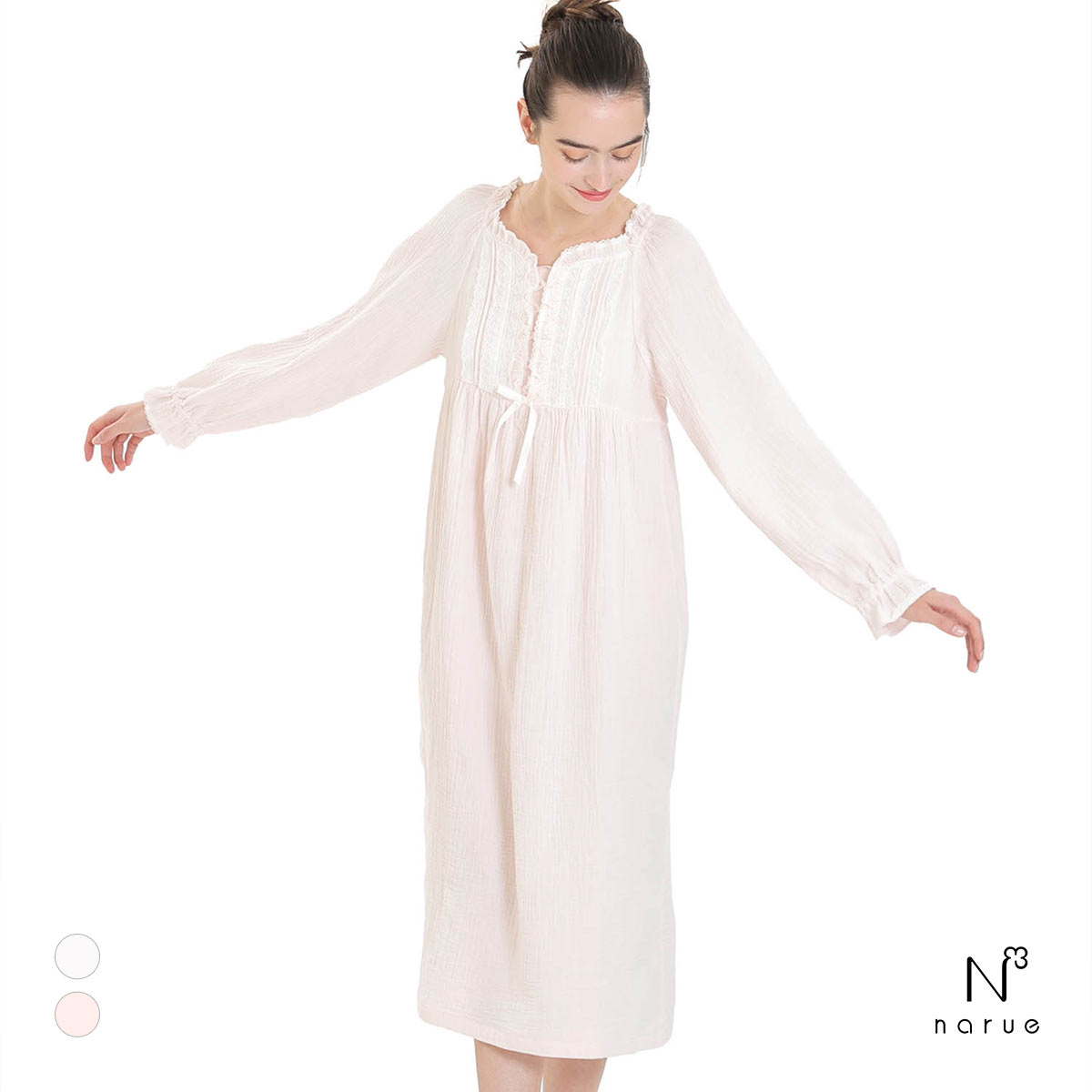 ナルエー パジャマ シュークリームガーゼRクラシカルドレス ルームウェア ワンピース ネグリジェ NARUE(PI-ピンク-M-L)