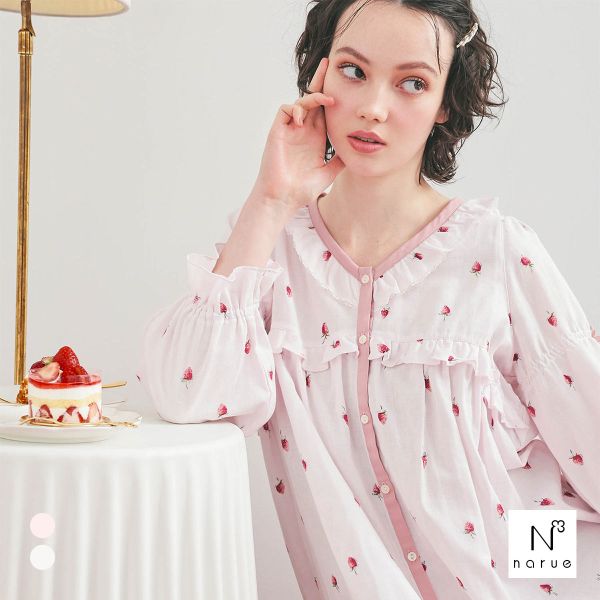 ナルエー パジャマ コットンダブルガーゼいちごフリルドレス ワンピース ルームウェア 長袖 レディース ネグリジェ 綿100％ NARUE
