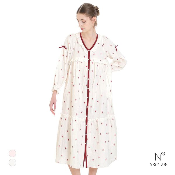 ナルエー パジャマ コットンダブルガーゼいちごフリルドレス ワンピース ルームウェア 長袖 レディース ネグリジェ 綿100％ NARUE